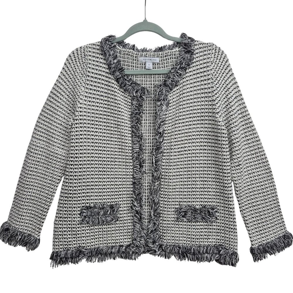 Bandolino Size M Metallic Tweed Knit Fringe Open Blazer White / Black